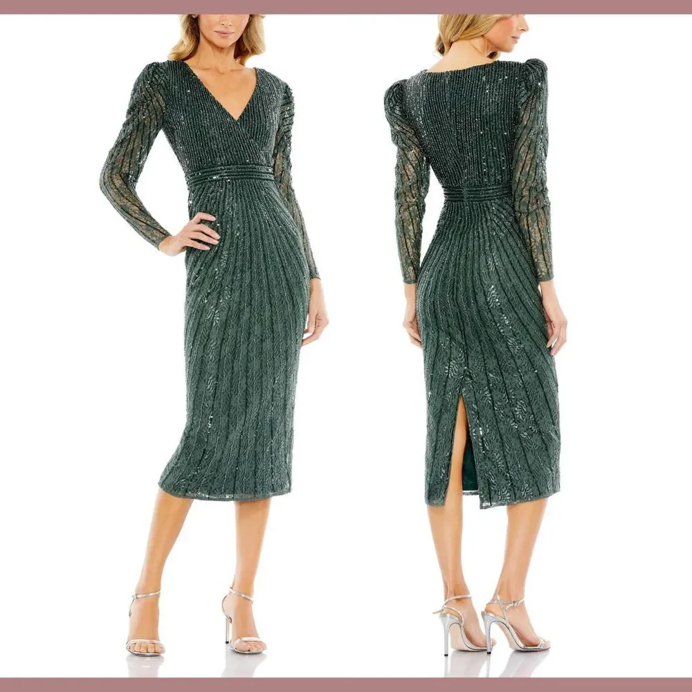 NWT $538 Mac Duggal [ 8 ] 93676 Beaded Lace‎ Long Sleeve Midi Dress Deep Green